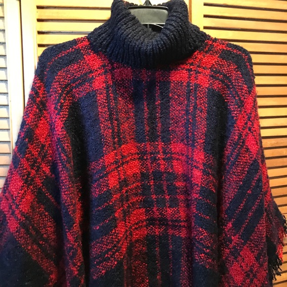 Navy Blue and Red Plaid Turtleneck Poncho - Picture 8 of 12